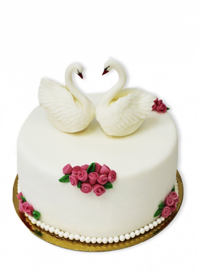 Свадебный торт двухъярусный с лебедями и кольцами