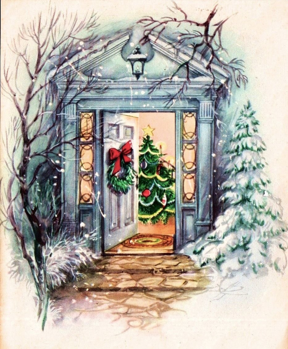 Новогодняя открытка с дверью