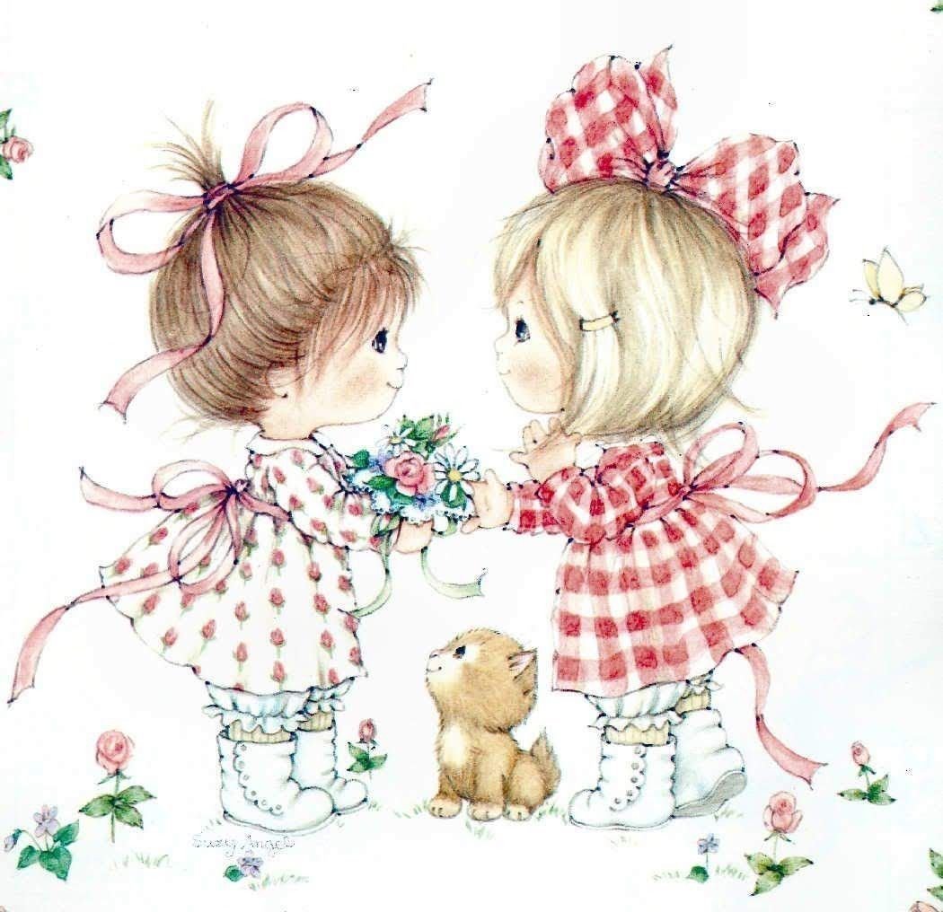 Красивые рисунки для открытки. Иллюстрации Suzy Angel рут Морхед. Милые детские иллюстрации. Открытки с днём рождения двойняшек девочек. Открытка две девочки.