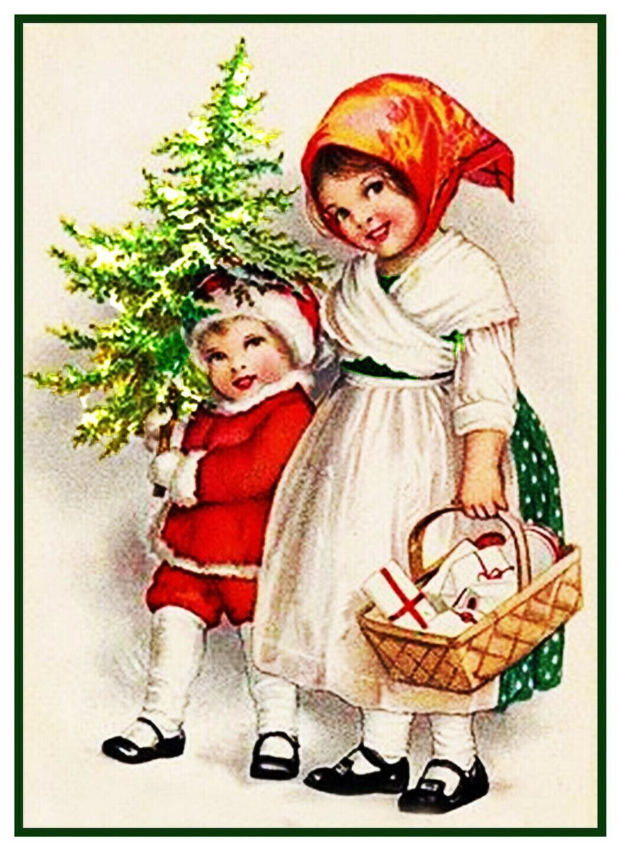 Винтажная открытка с Рождеством девочка в красной шубке с подарком