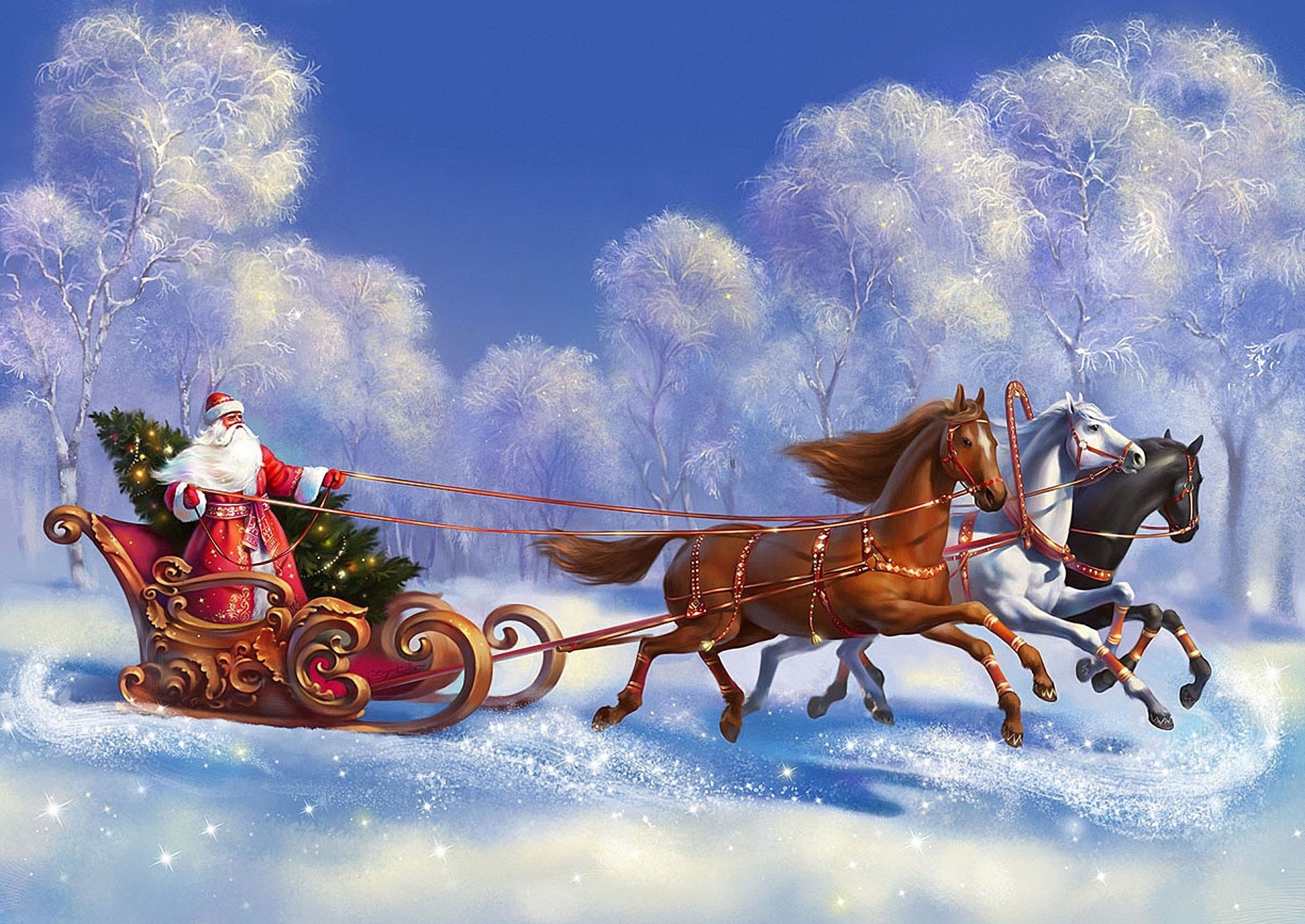 Открытки с 52 годом. Новогодняя открытка. Открытка в новый год. Сани "Деда Мороза". Дед Мороз на тройке лошадей.