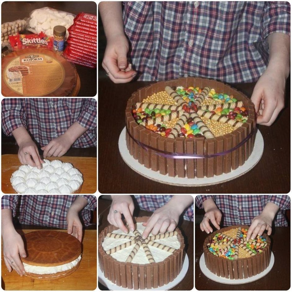 Торт украшенный сладостями для мальчика своими руками