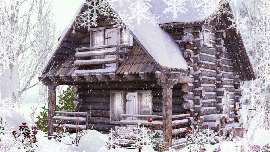 Деревянный дом украшенный гирляндами