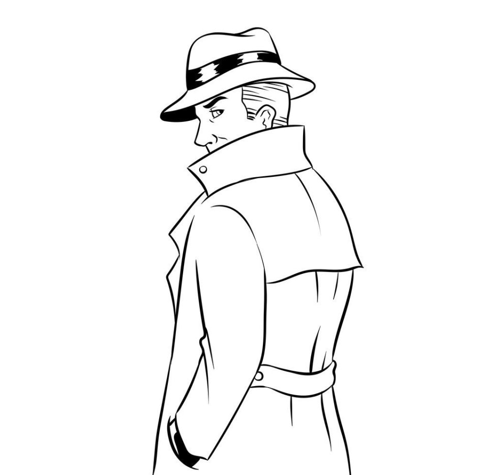 Силуэт детектив в плаще и шляпе