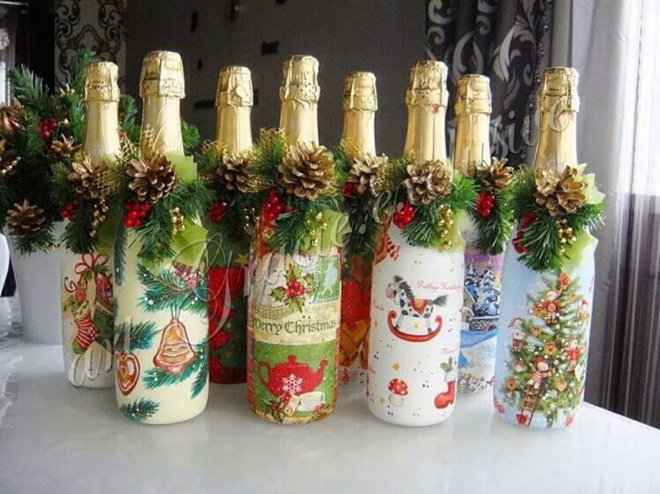 Украшение бутылки шампанского на новый год