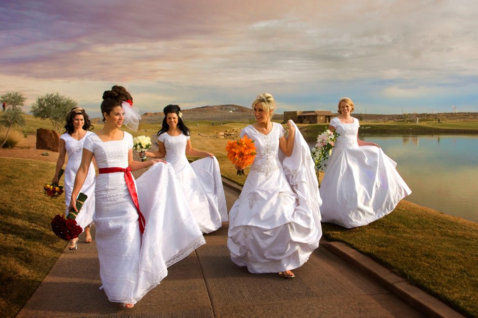 Много девушек в свадебных платьях