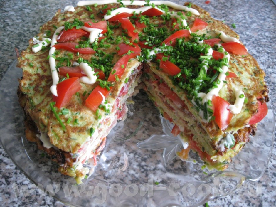 Печёночный торт с помидорами