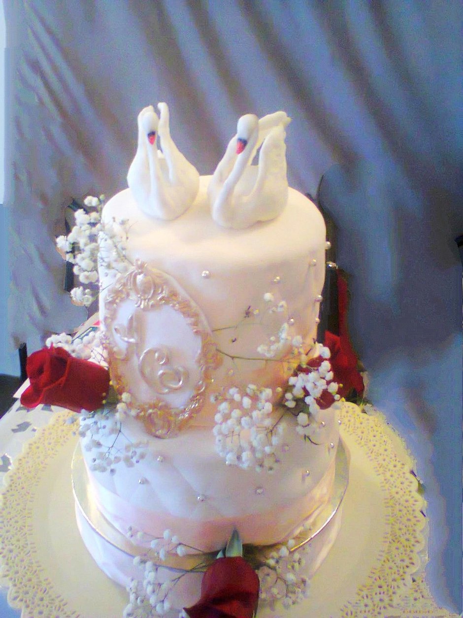 Свадебный торт двухъярусный с лебедями и кольцами белый