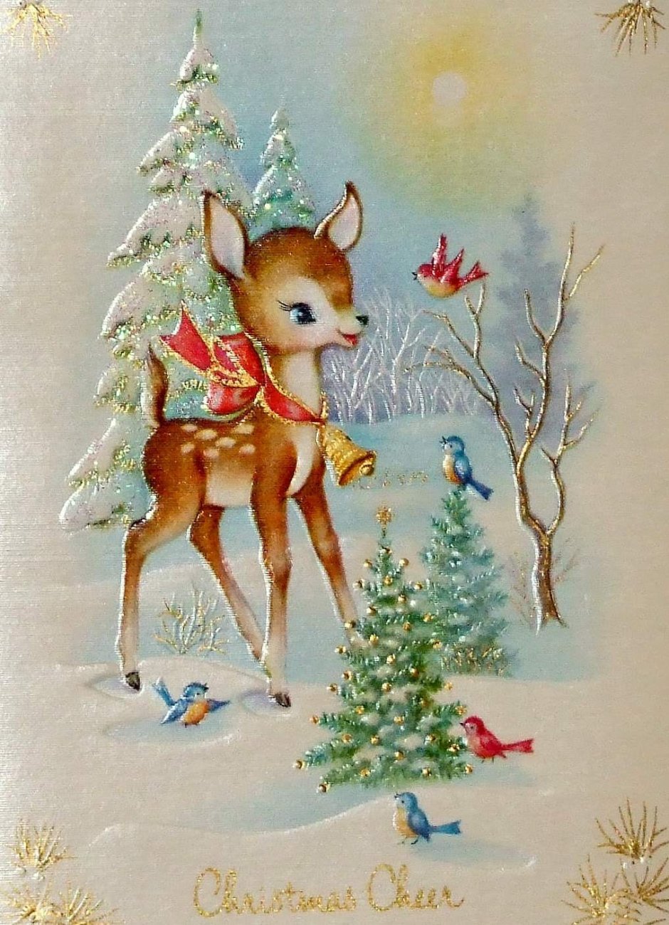 Советская открытка с дедом Морозом и зайчиками