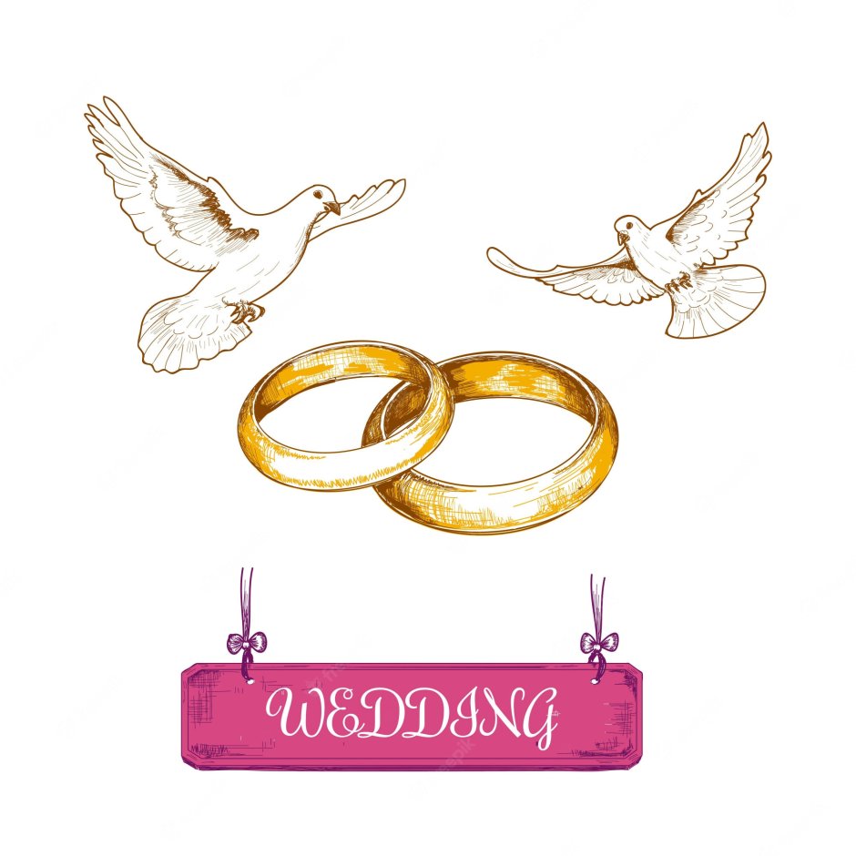 Свадебные кольца и голуби акварель