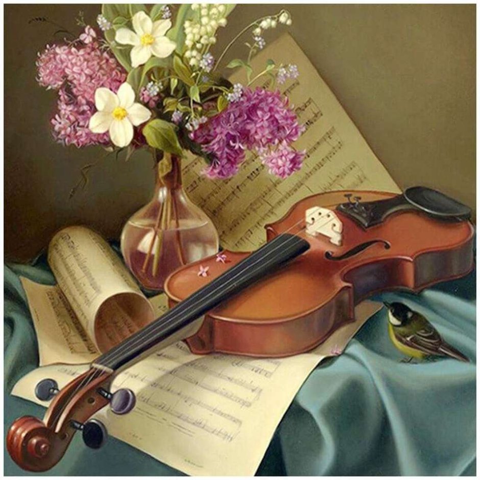 Картина со скрипкой и цветами