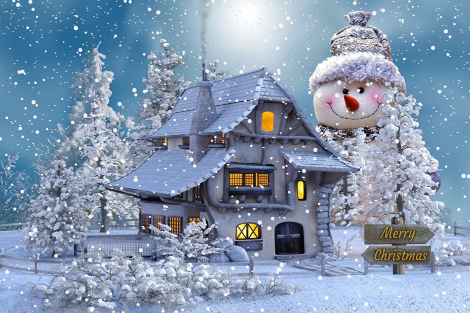 Зимний домик со снеговиком