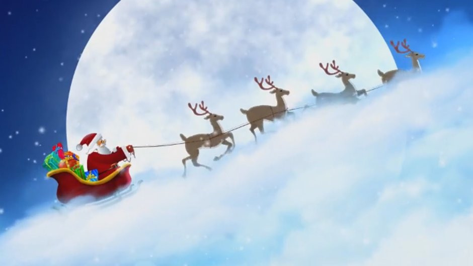 Силуэт Деда Мороза на санях с оленями