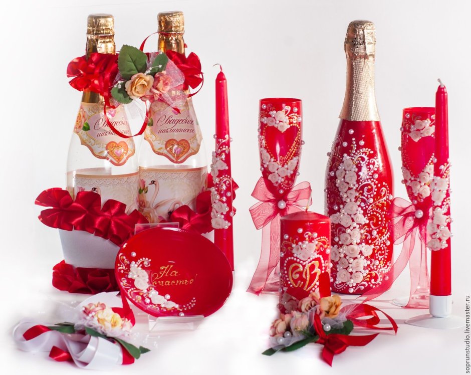 Украсить Свадебные бутылки бархатом в Красном цвете