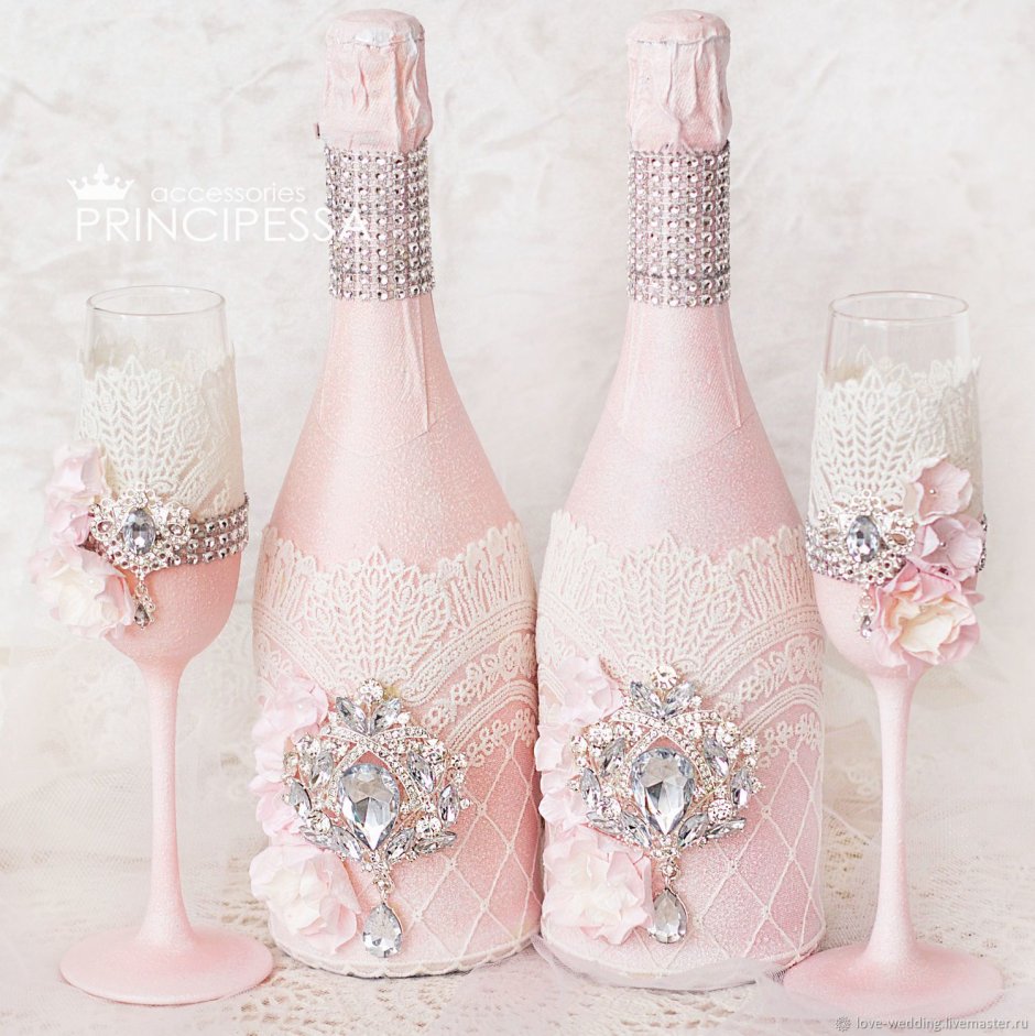 Украшение бутылок на свадьбу розовый цвет