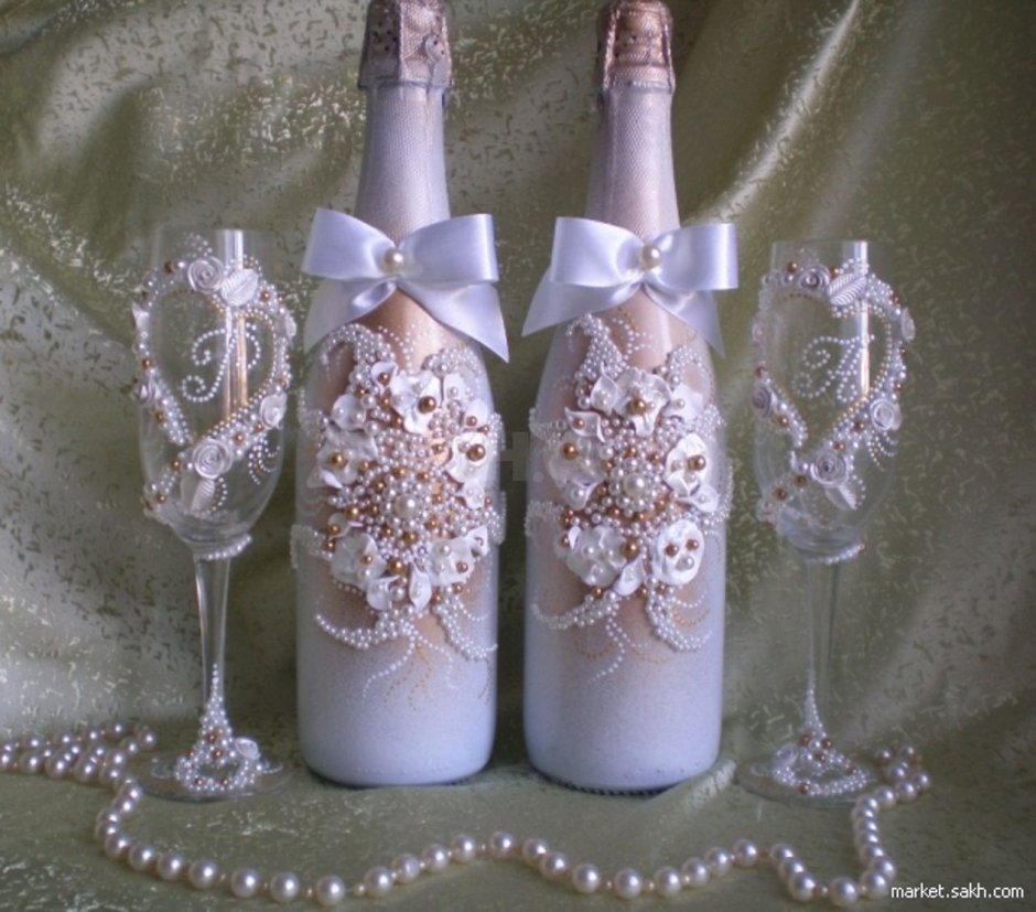 Свадебный декупаж бутылок шампанского и бокалов