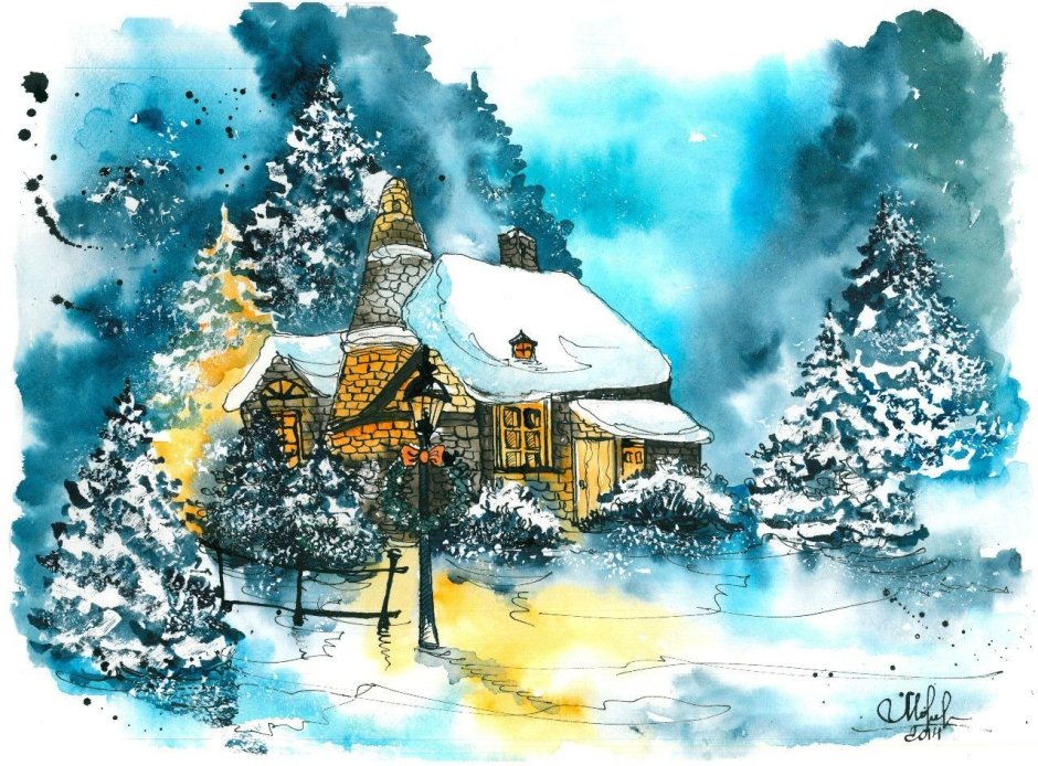 Акварельные домики зимой