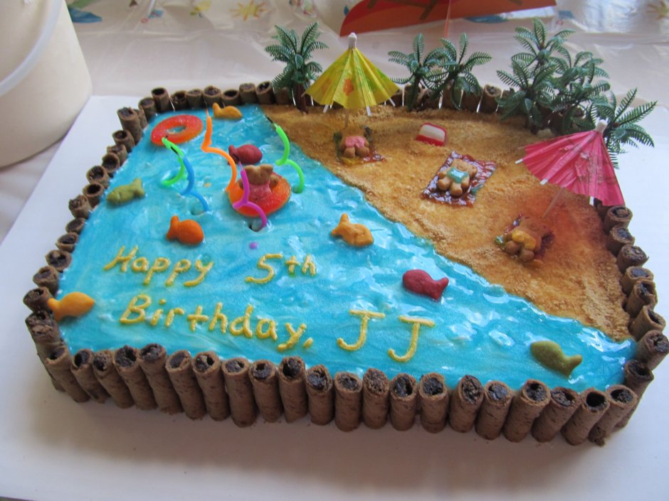 Торт с морем и пляжем и пальмами