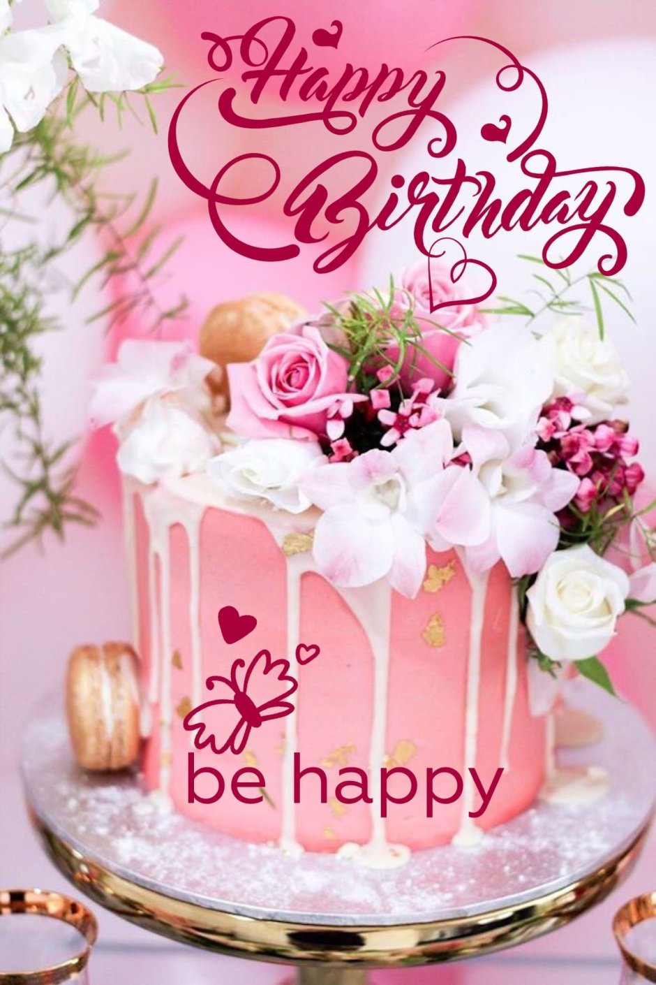 Красивые открытки с днём рождения с тортом и цветами