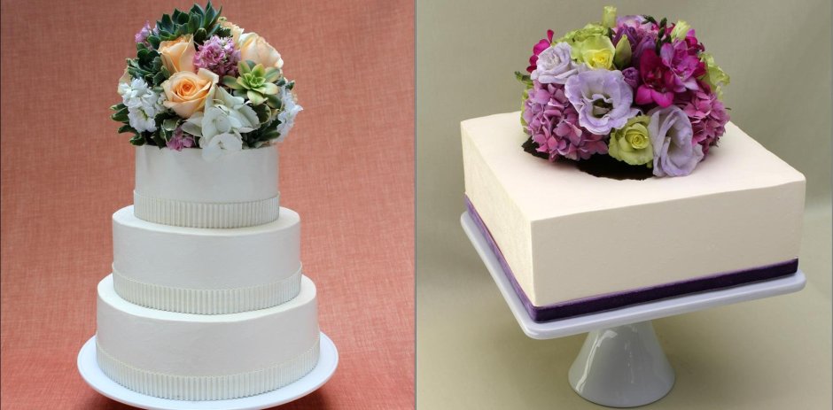 Свадебный прямоугольный торт с живыми цветами