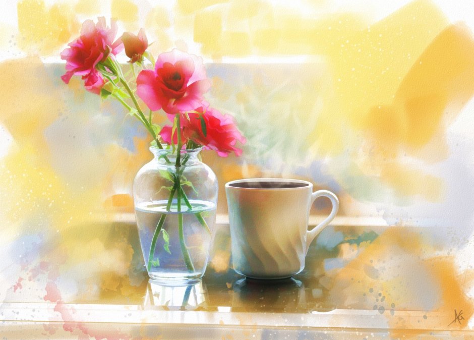 Чашечка кофе и цветы