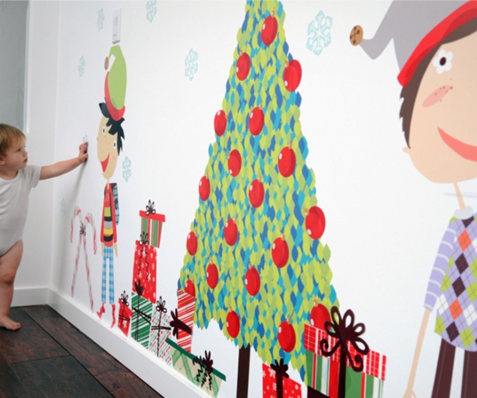 Украшение стены к новому году в детском саду