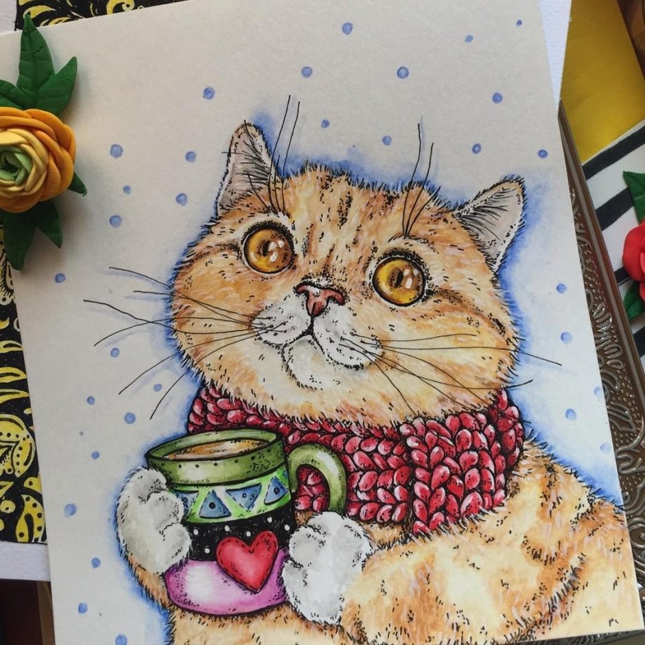 Котик открытка акварель