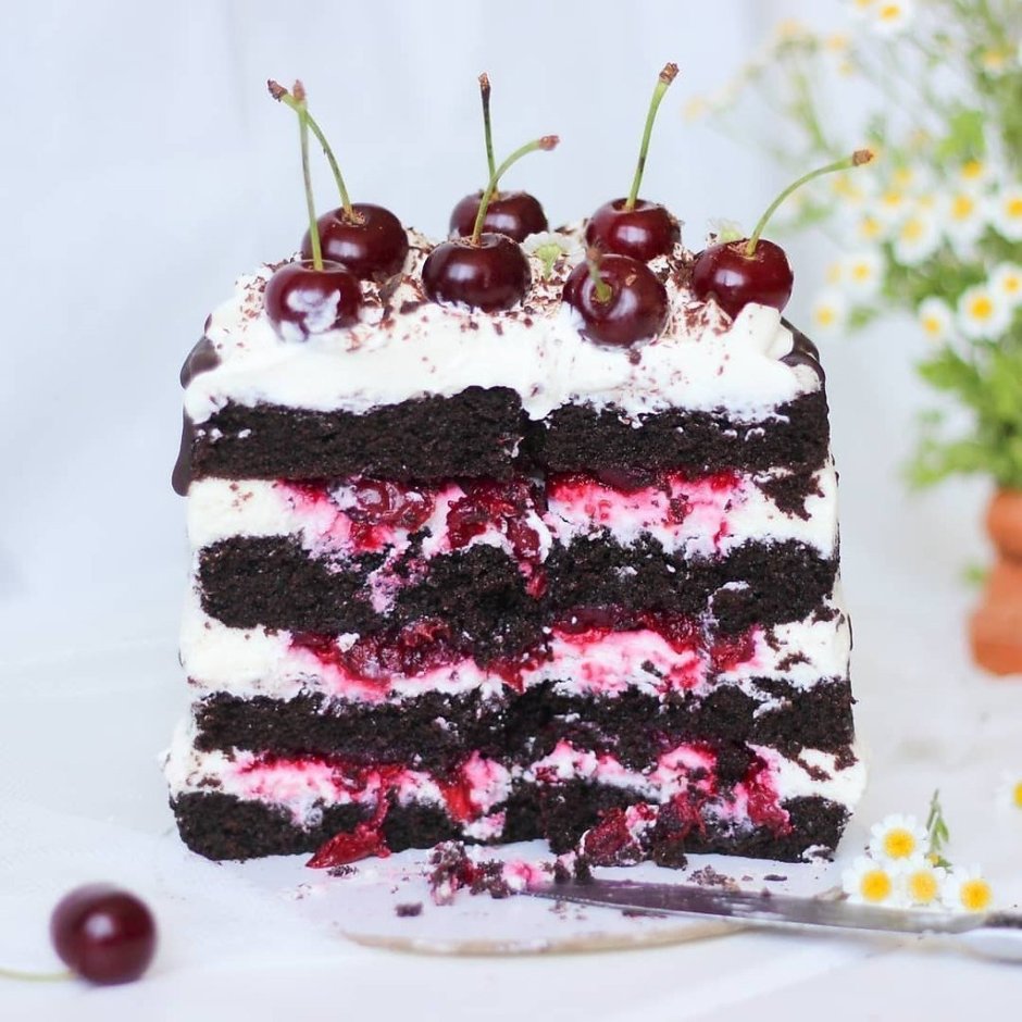 Фото квадратного кусочка торта с вишенкой