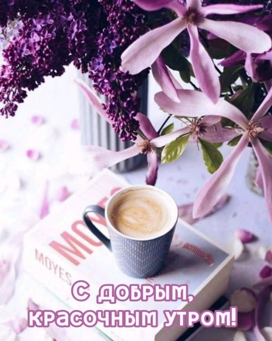 Фиолетовые цветы и кофе