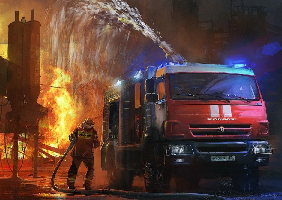 Пожарная машина на пожаре