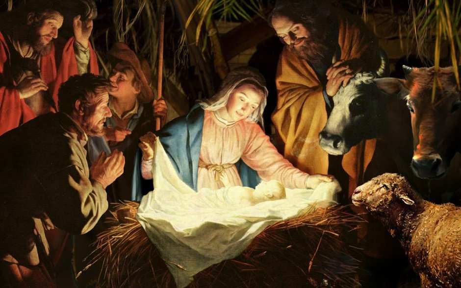 Мария и Иосиф с младенцем в хлеву