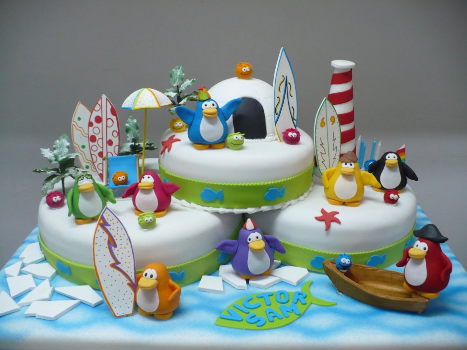 Детский торт с пингвинами