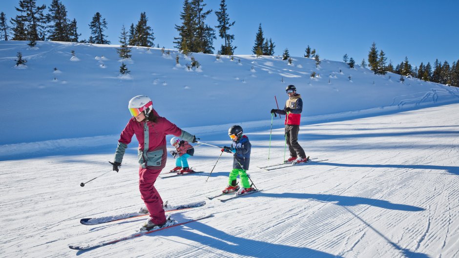Школьники катаются на лыжах