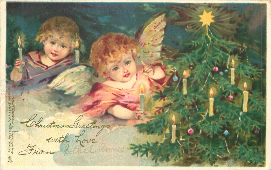 Старинная Рождественская открытка с ангелом