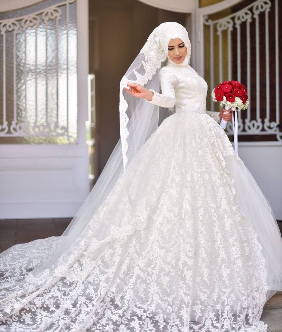 Мусульманские платья Свадебные с хиджабом пышные