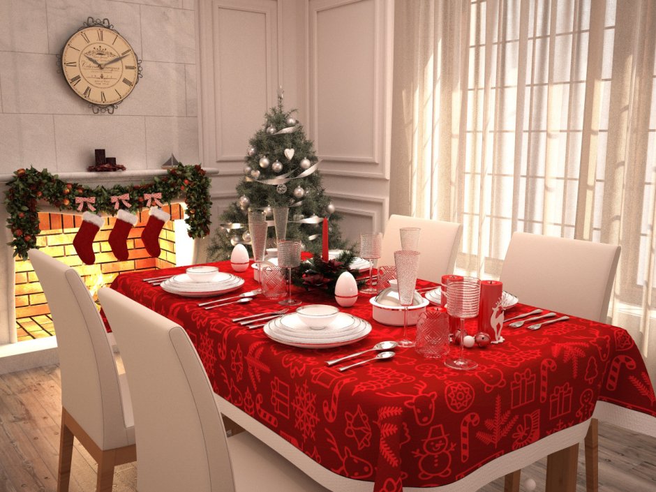 Новогодний стол с бордовой скатертью