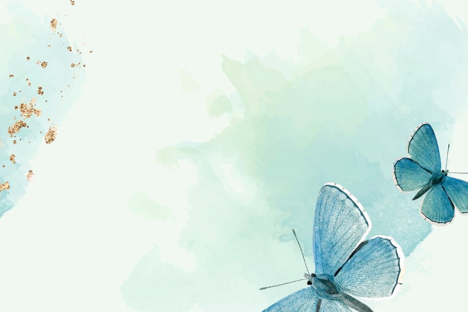 Серые обои с голубыми бабочками