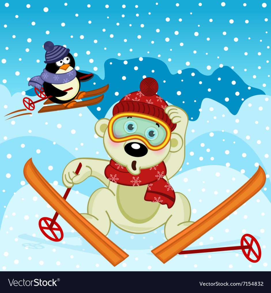 Медвежонок катается на лыжах