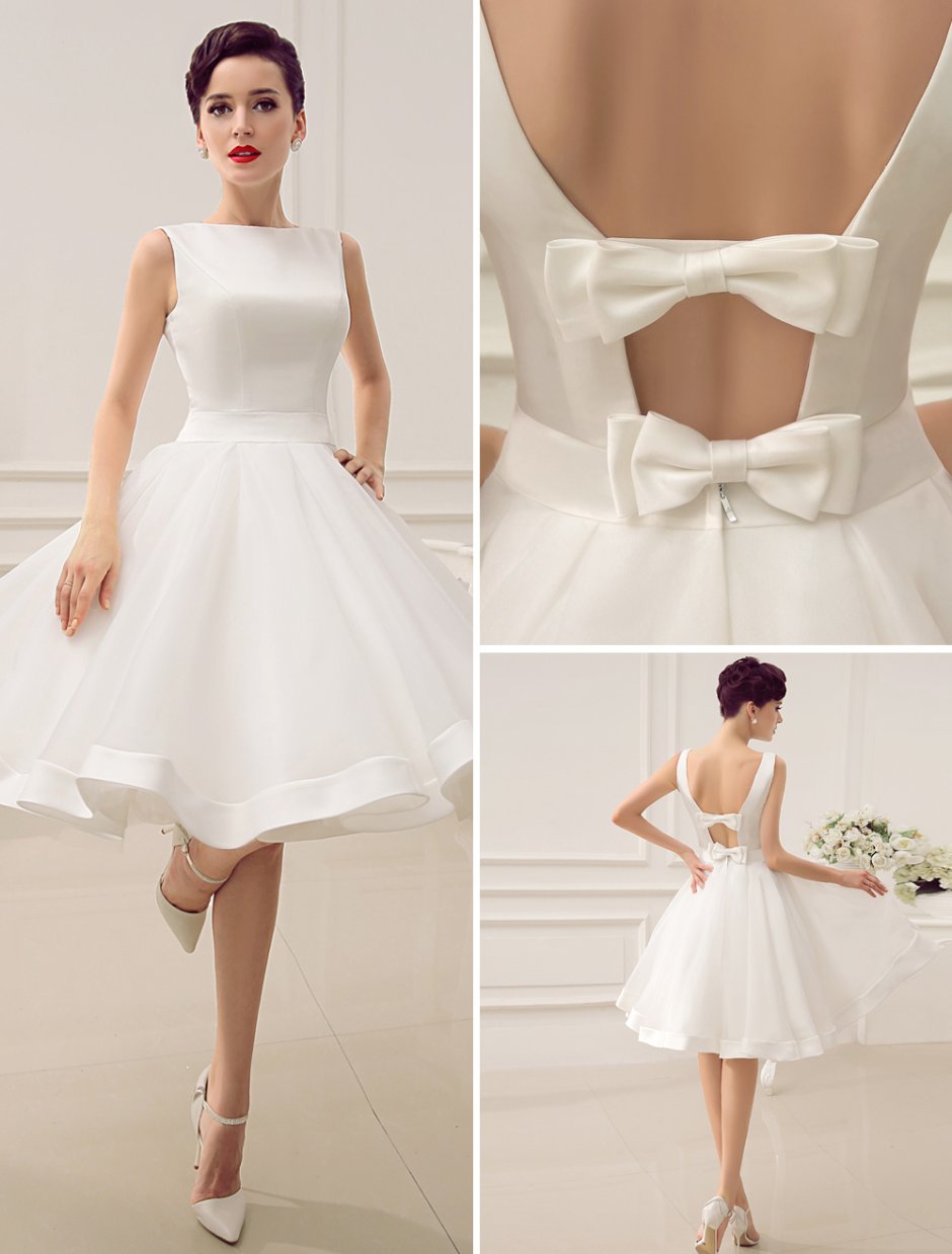 Короткое свадебное платье с пышными рукавами