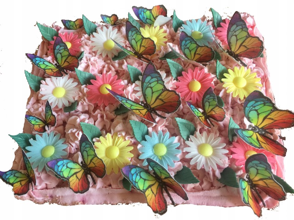 Украшение торта вафельными цветами и бабочками