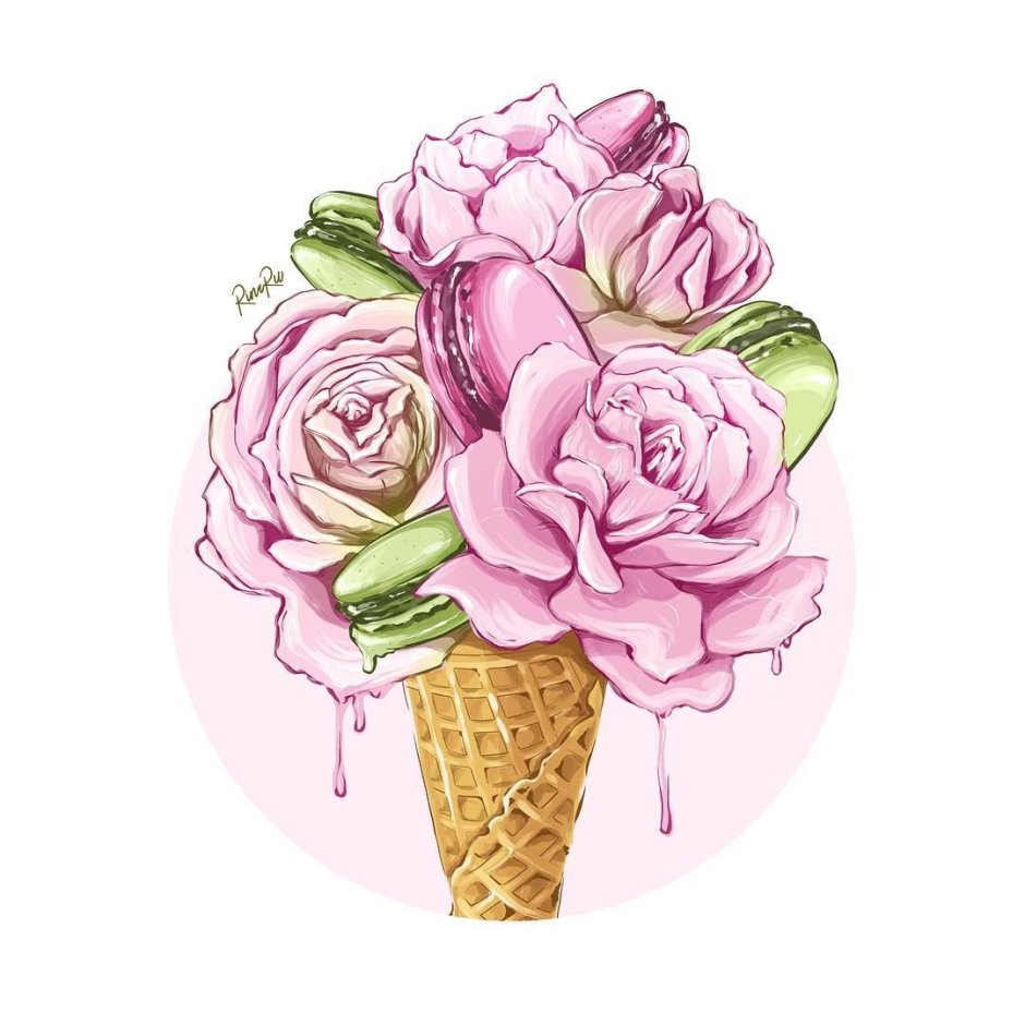 Цветы в рожке от мороженого акварель