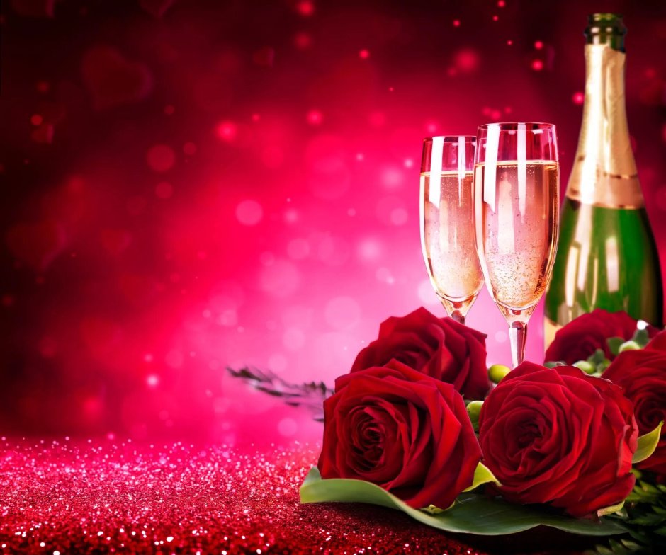 Розы и шампанское с днем рождения