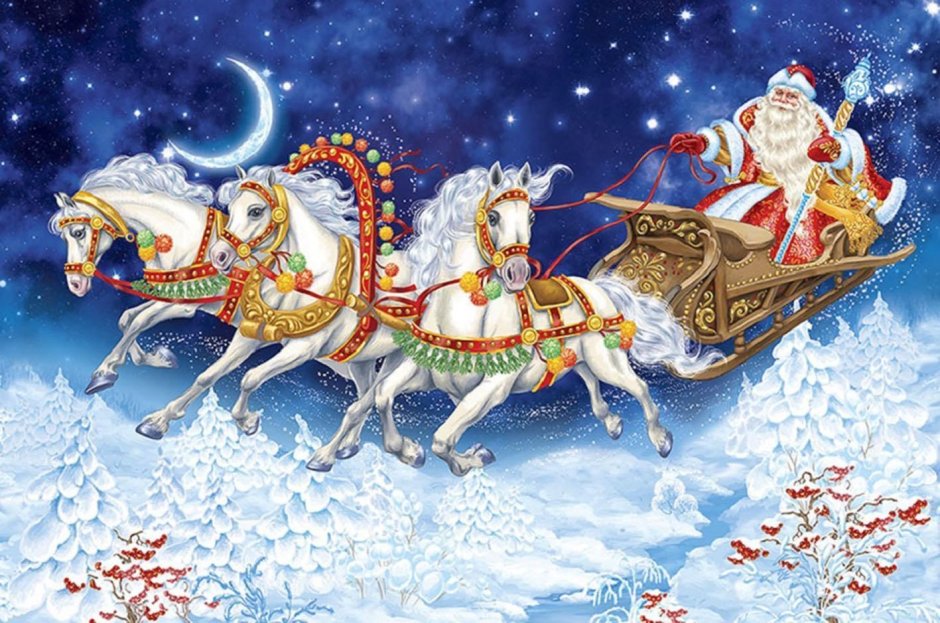 Дед Мороз и Снегурочка на тройке Палех