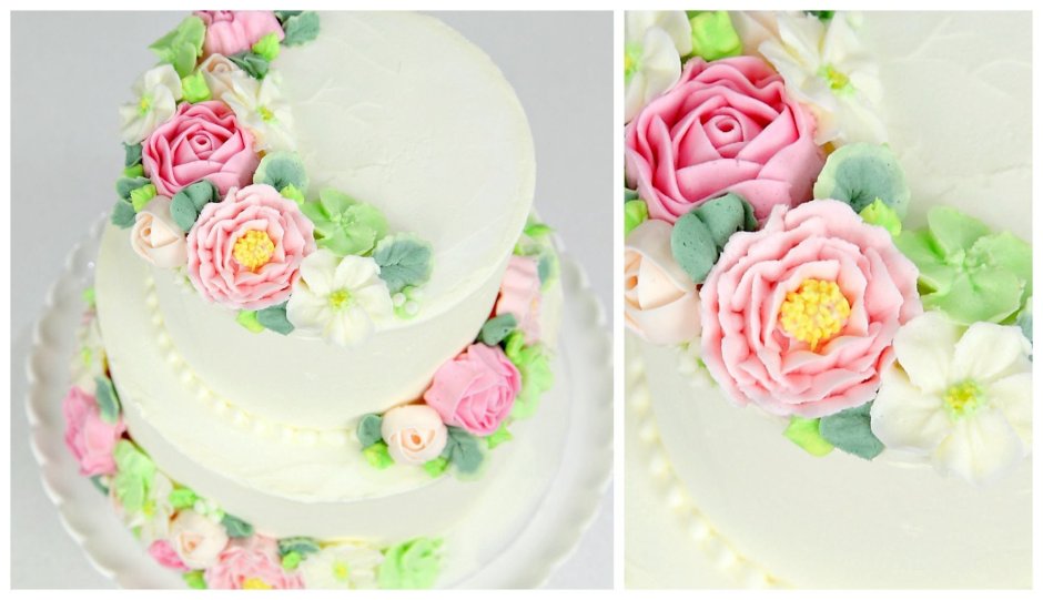 Двухъярусный торт с цветами из крема