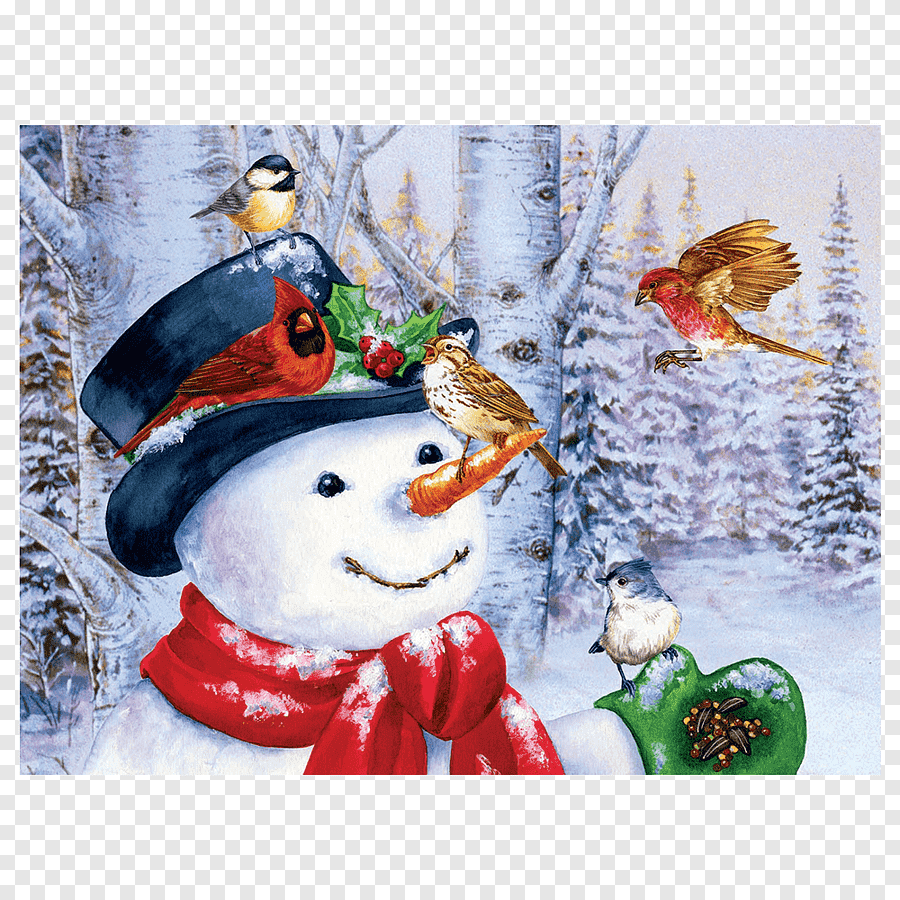 Новогодние открытки со снеговиком и птичками