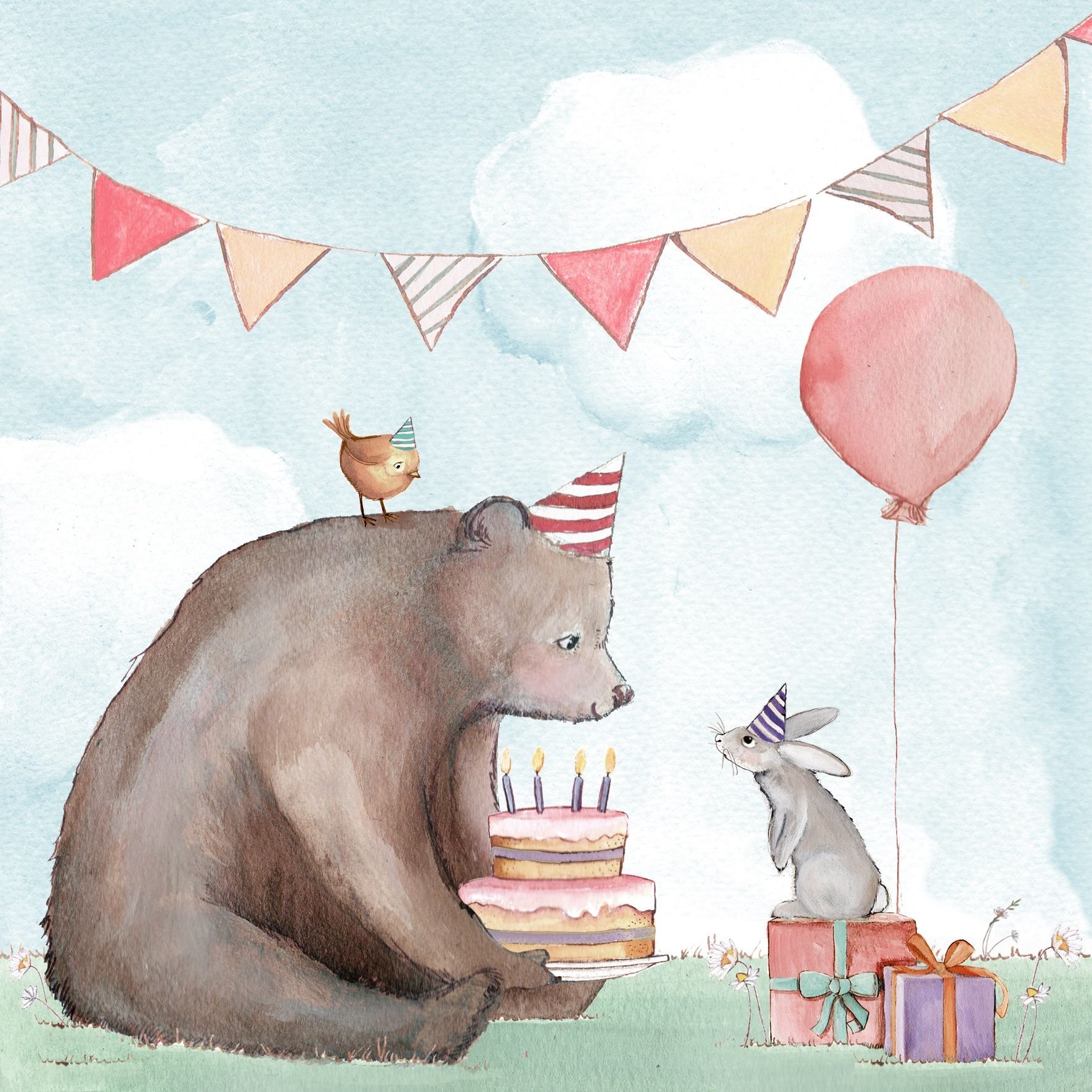 Открытка с днем рождения с медведем. Кэти Хадсон иллюстратор. С днем рождения акварель. Милые иллюстрации с днем рождения. Милый рисунок на день рождения.