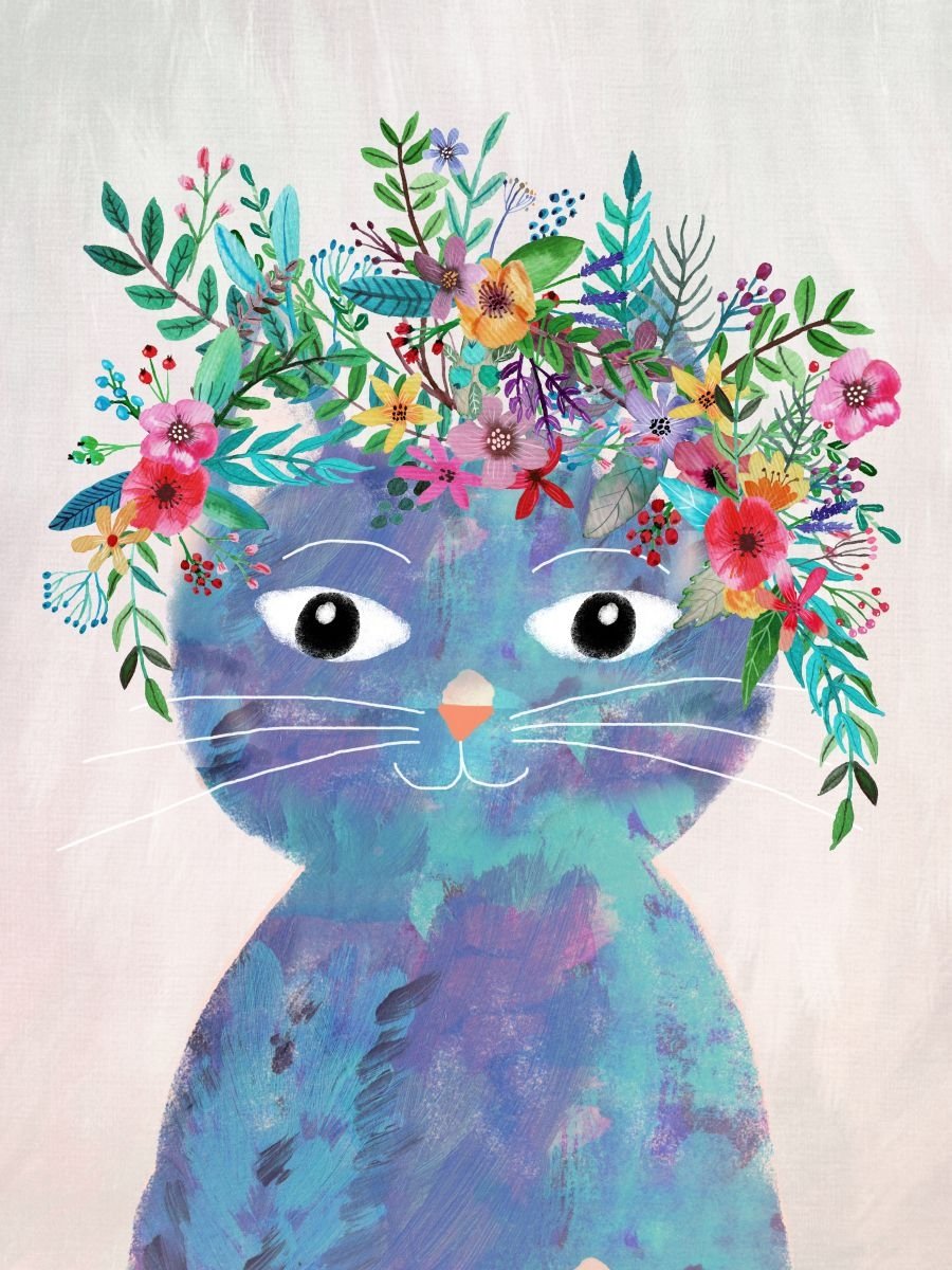 Котик с цветами арт