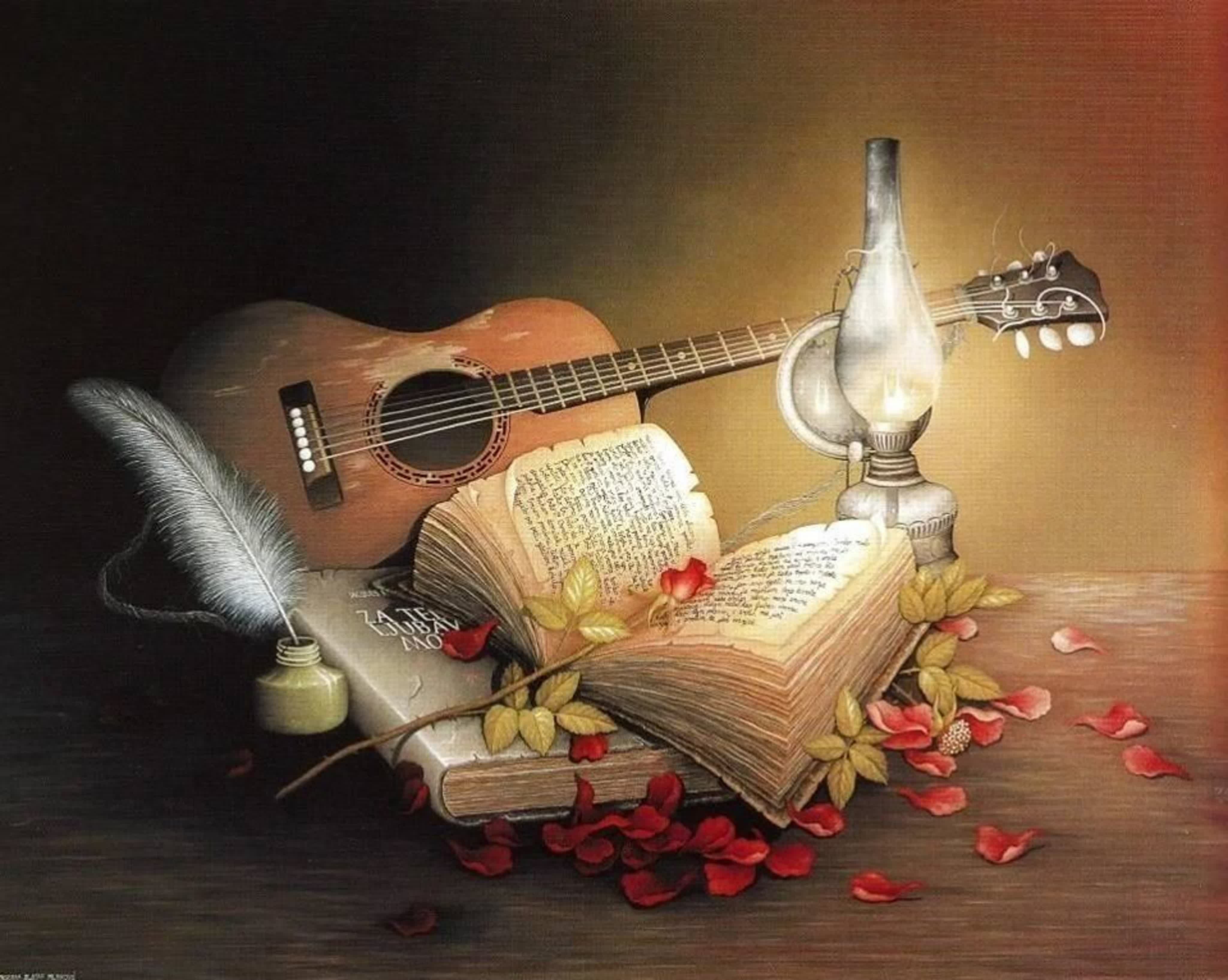 Инструменты для романса. Натюрморт с гитарой. Натюрморт с музыкальными инструментами. Музыкальный вечер. Картина музыкальные.