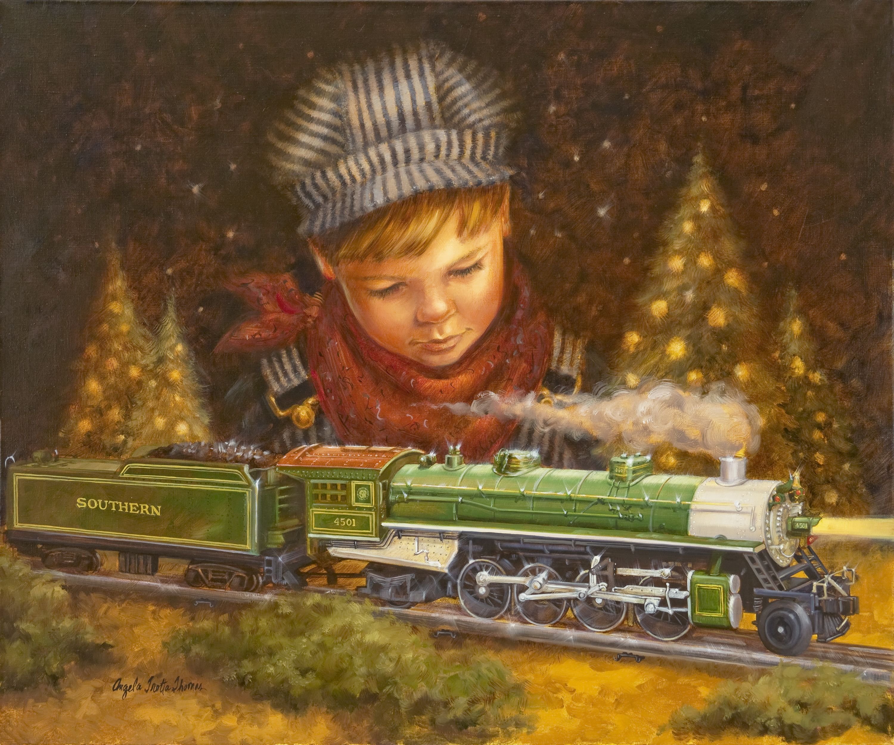 Ребенок с железной дорогой. Картина железная дорога. Новогодний поезд. Сказочный поезд.