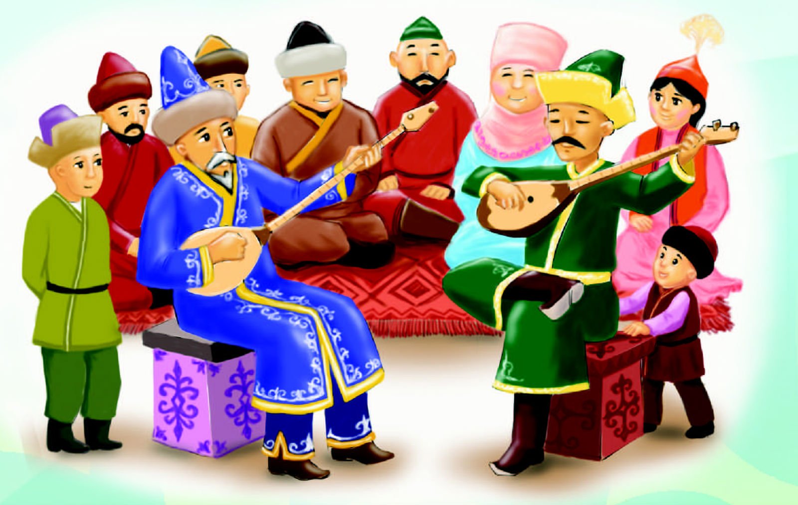 Білім қазақша. Казахский фольклор. Казахский персонаж. Казах поет. Наурыз картинки для детей.